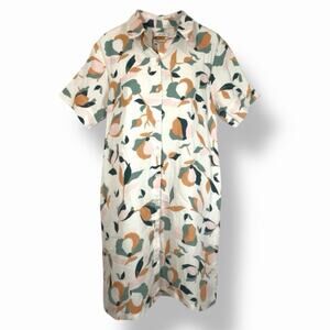 Rachel Zoe Abstract Floral Linen Shirt Dress Short Sleeve Button Front Size L
